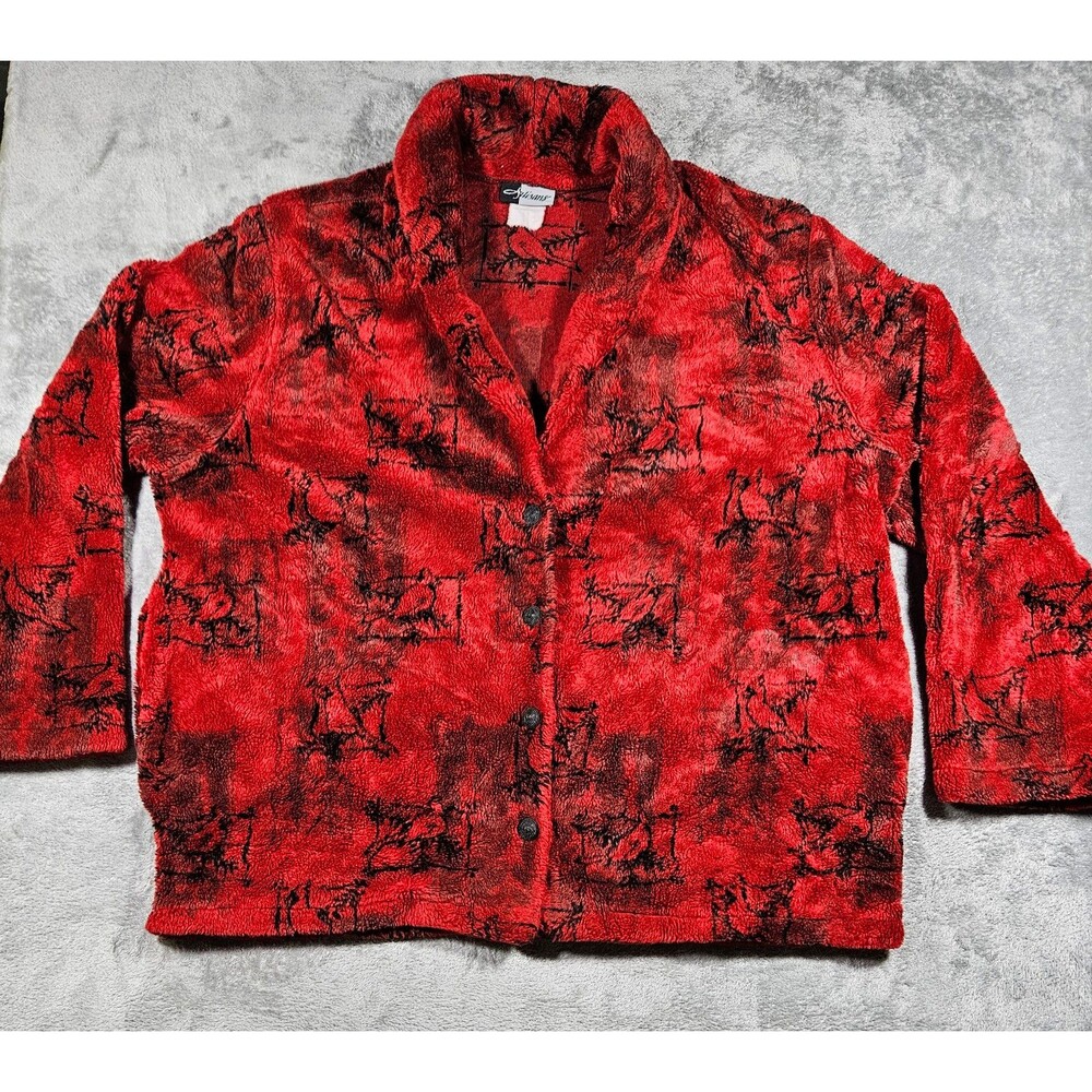 Vintage 90's Artisans Women's Fleece Red Pullover Cardinal Design Sz Large